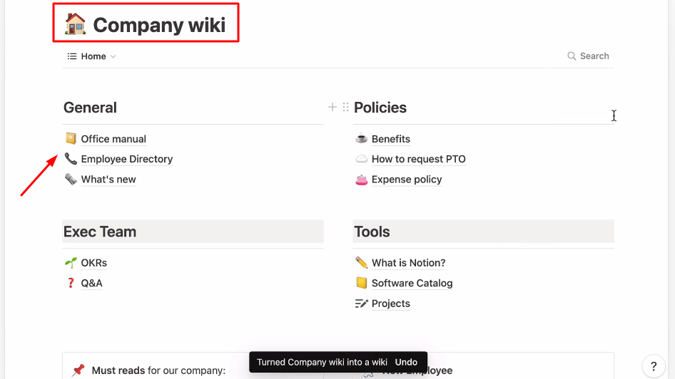 Example Notion Company Wiki with Resources like the Office Manual and Employee Directory