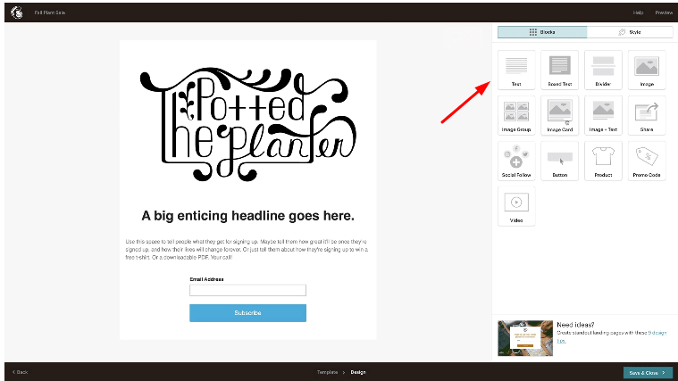Mailchimp’s Landing Page Builder showing Element Buttons including Text, Design, and Products