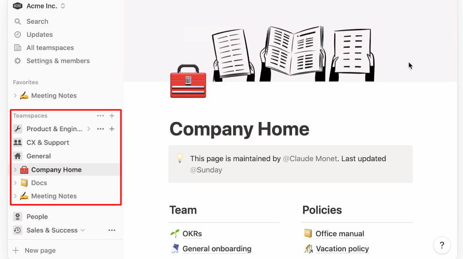 Notion's Workspace with Sidebar Navigation to Teamspaces