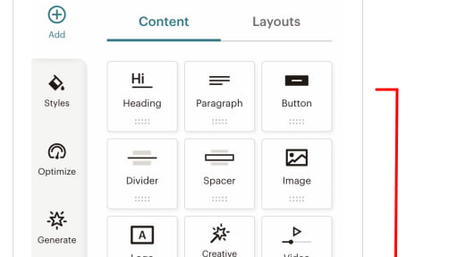 15 icons for Mailchimp's Content Blocks including Headings, Surveys, Images, and Code