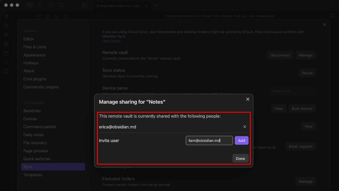Obsidian’s Interface with a Window Open to Share the Note with Other Users