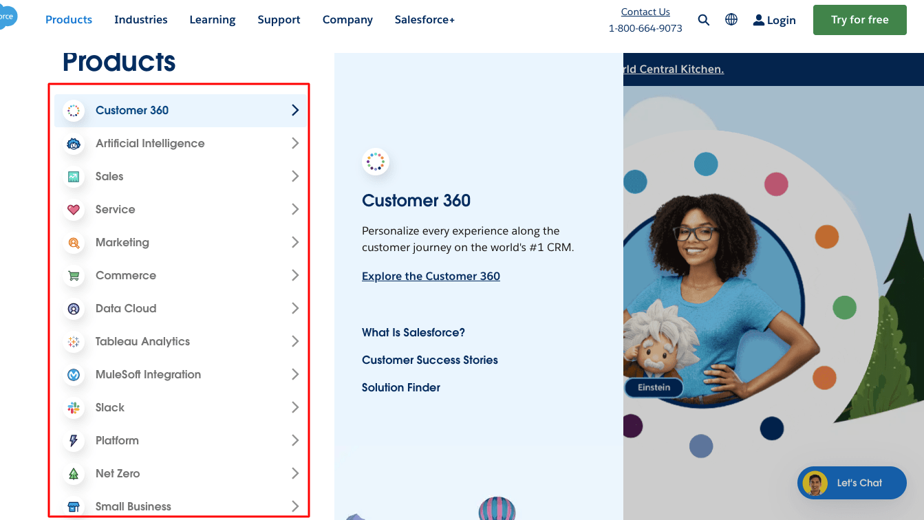 Salesforce’s Homepage with its Drop-Down Products Menu Open