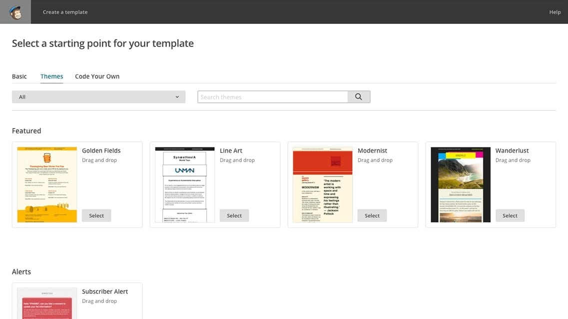 Mailchimp's Email Template Selection Dashboard