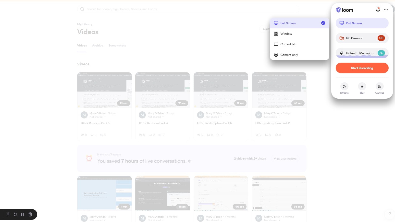 Loom's Screen Recording Setup, Allowing for Full Screen, Window, Tab or Camera-Only Recording