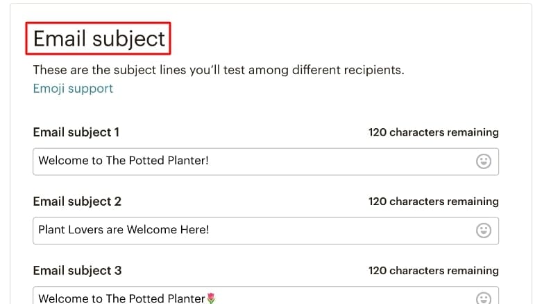An Email Subject Line A/B Test on Mailchimp, with Three Different Email Subjects Input