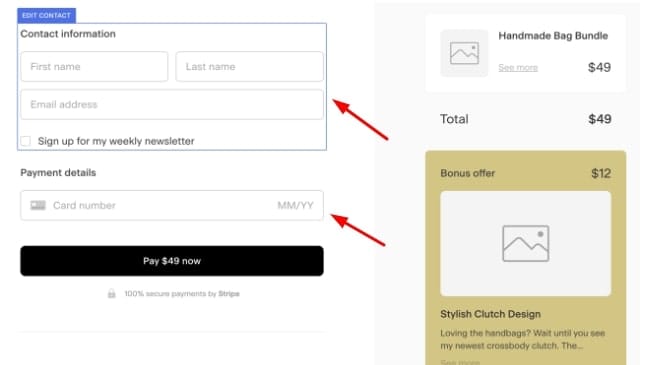 Flodesk’s Checkout Builder with Contact Information and Payment Details Fields Highlighted