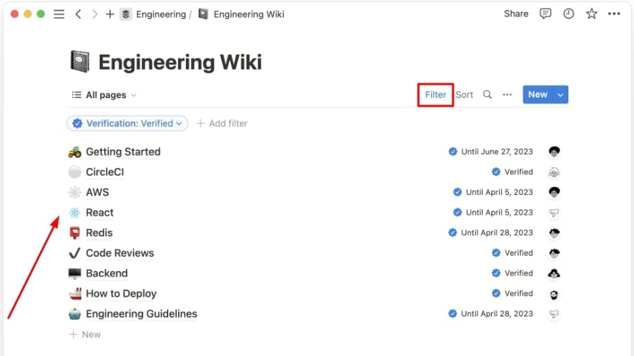 An Engineering Wiki on Notion Listing Pages including Getting Started and with the Filter Option Highlighted