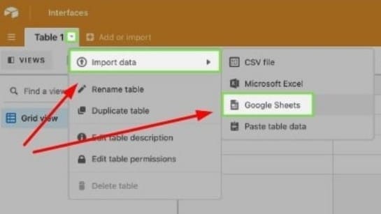 A New Airtable Base with the Import Data Menu Open to Import from Google Sheets