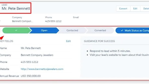 A Lead on Salesforce showing Where They are in the Sales Process using the Path Tool