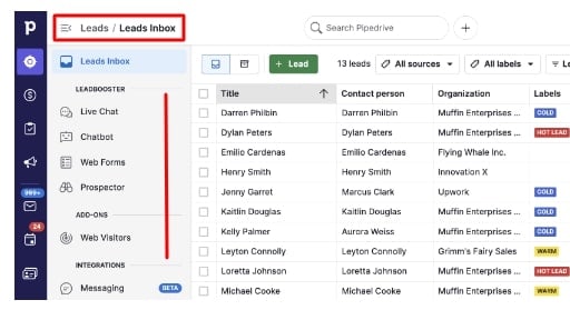 A Leads Inbox on Pipedrive with Navigation Menus on the Left and a List of Leads and their Details on the Right