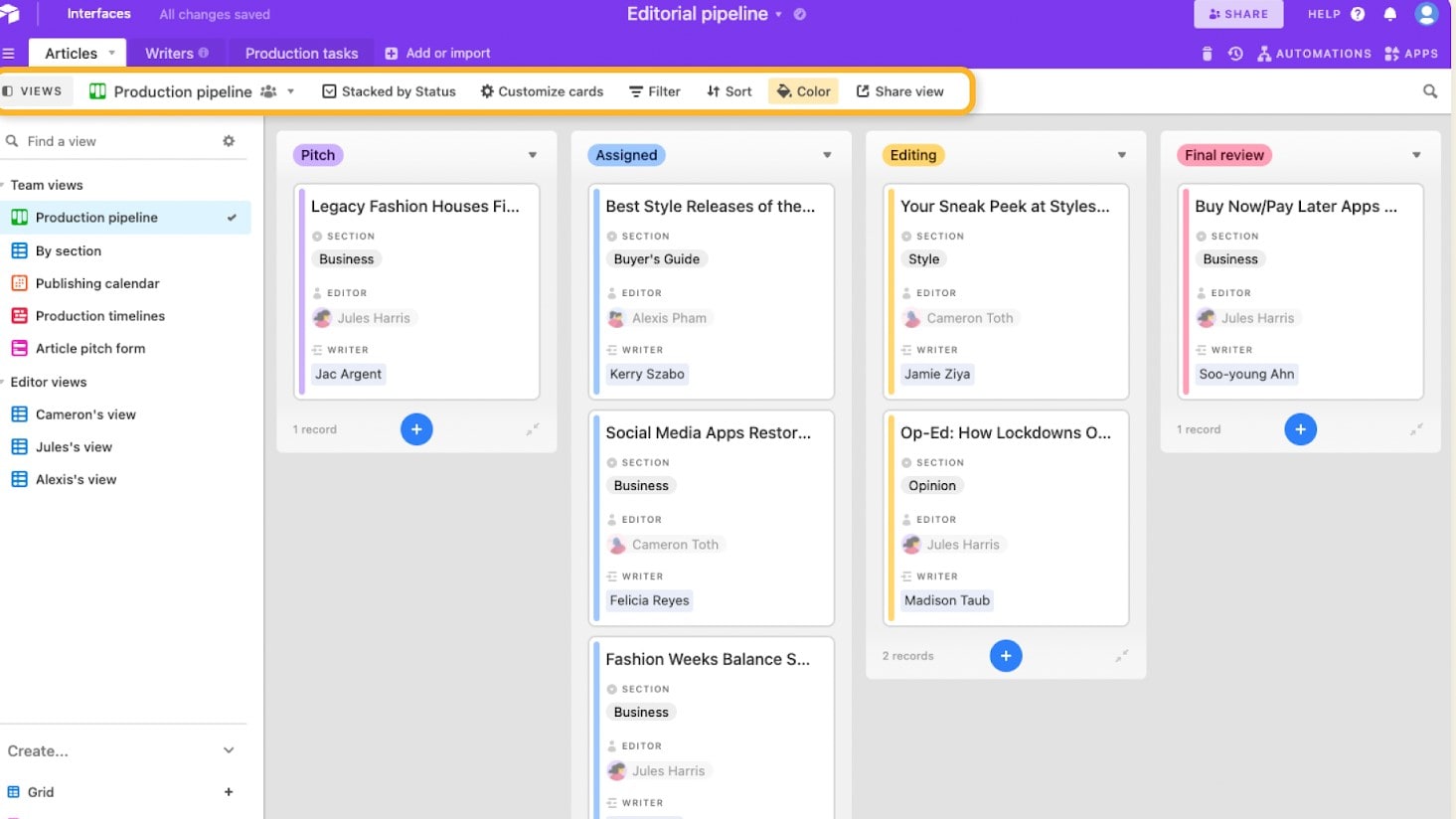 Airtable's Pipeline View for Easy View of and Access to Important Data