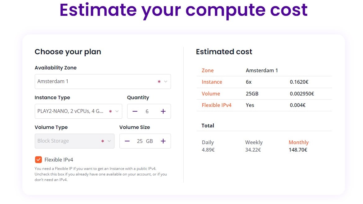 Scaleway's Virtual Instances Pricing Calculator for an Estimated Cost of Your Plan