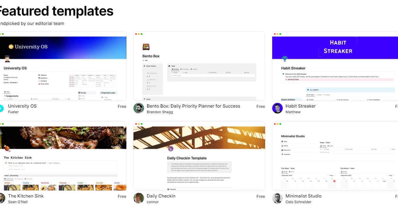 Notions's Featured Templates, Free to Use, With Over 5,000 Others Left to Choose From