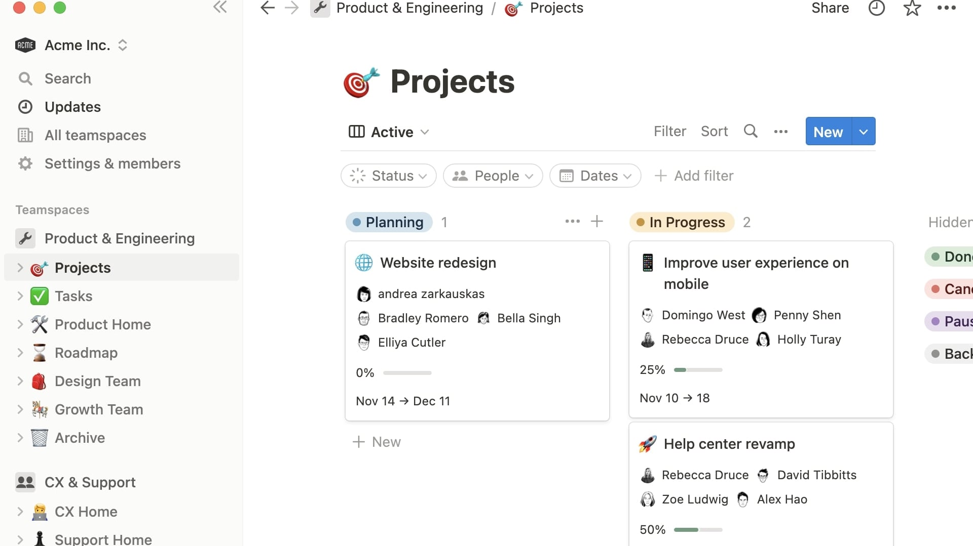 Notion's Project Workspace Where You can Centralize All Project and Task Progress for Quick Visuals