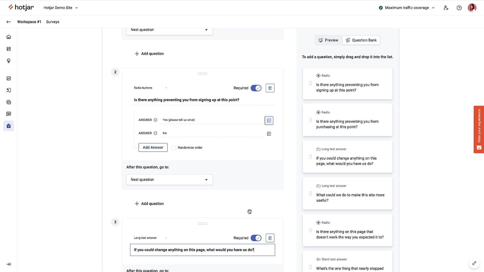 Hotjar's Feedback Dashboard to Create Survey Questions Using the Drag-and-Drop Editor