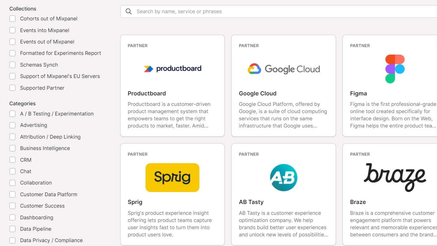 A Selection of Mixpanel's Integrations, Including Google Cloud and Figma