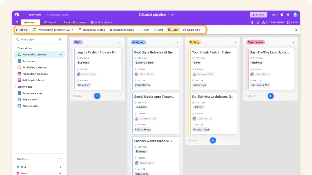 Airtable's View Toolbar, Giving You Options to Customize your Table Through Filters, Groups, Sorting and Coloring