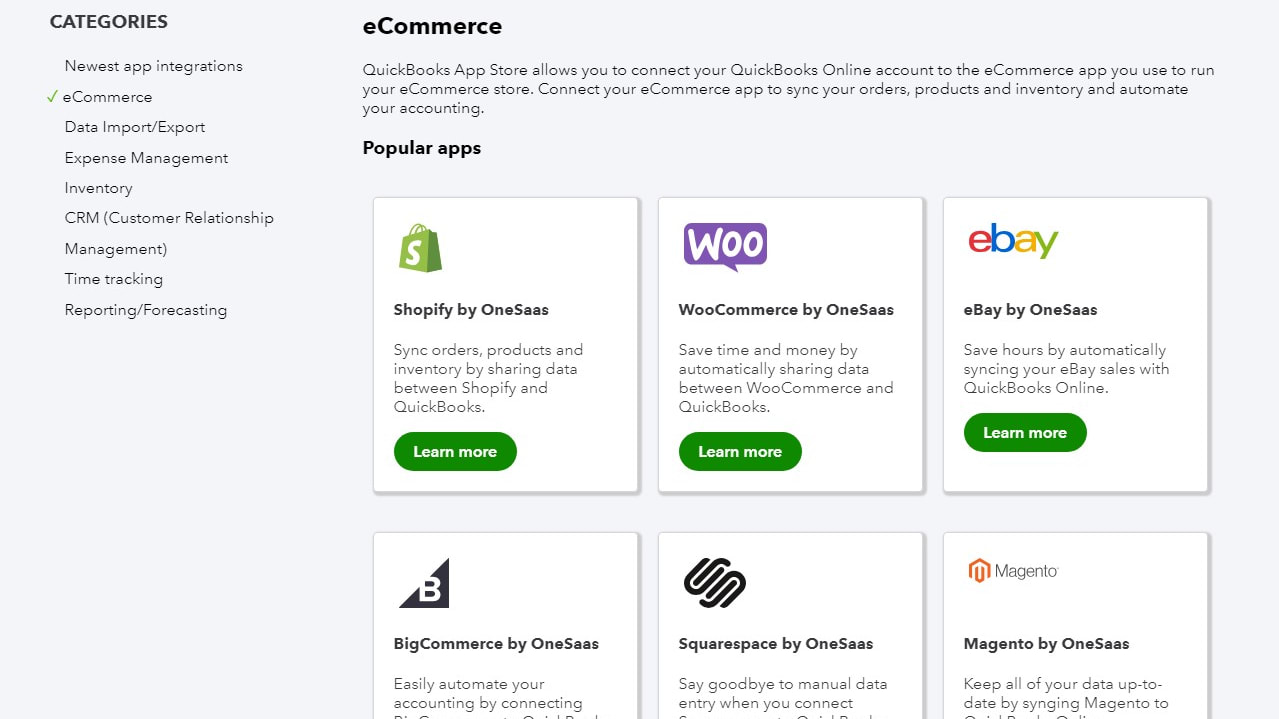 A Selection of QuickBooks's Ecommerce Integrations, Including Shopify and Squarespace