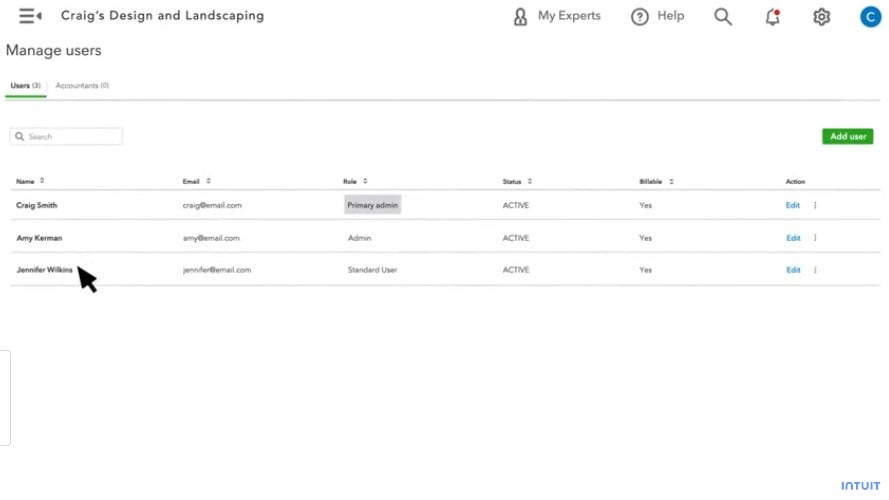 QuickBooks's User Controls Where You Can Add Team Members and Accountants