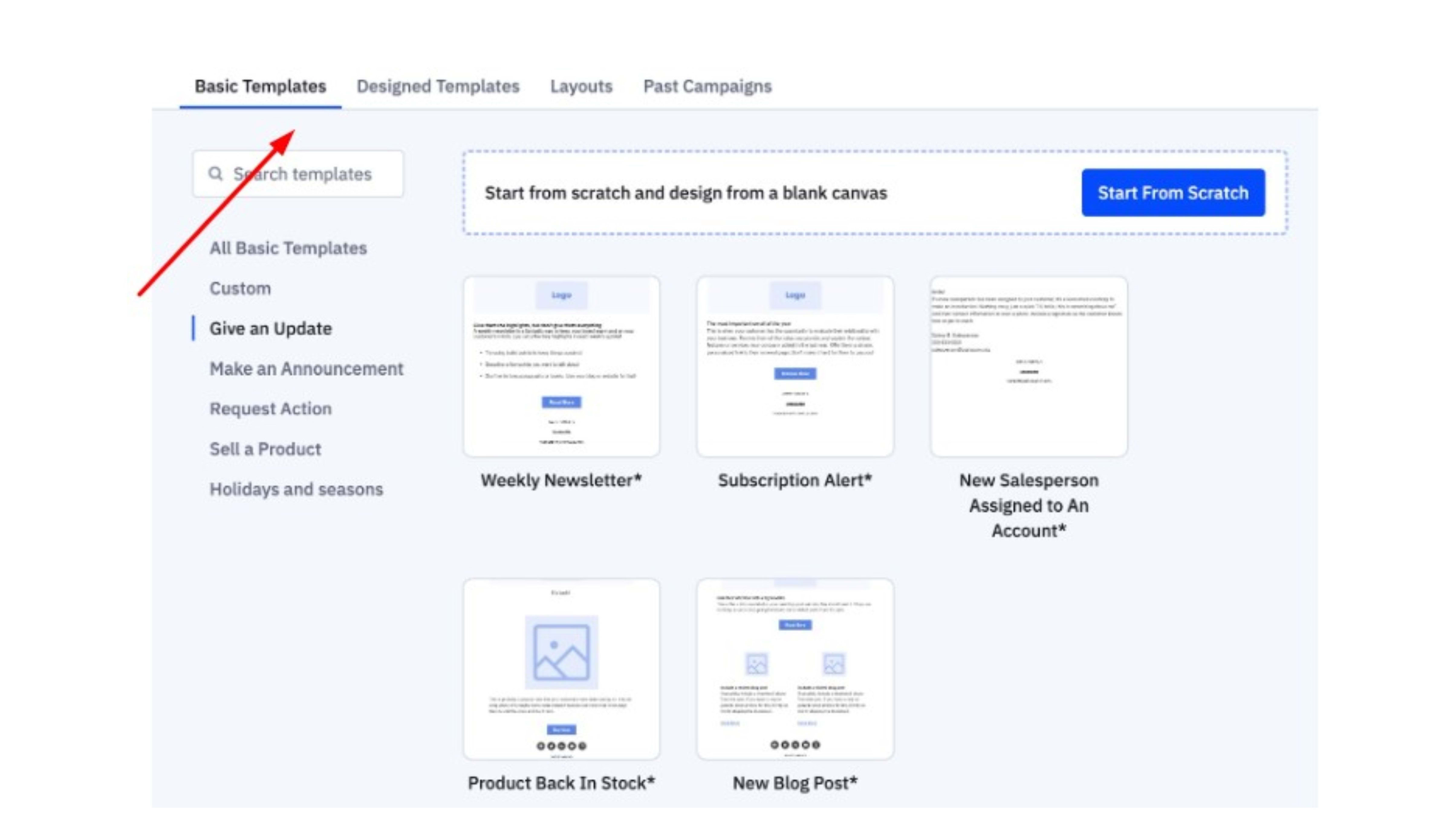 ActiveCampaign’s Email Template Dashboard with Categories Across the Top and Examples like a Weekly Newsletter and Subscription Alert