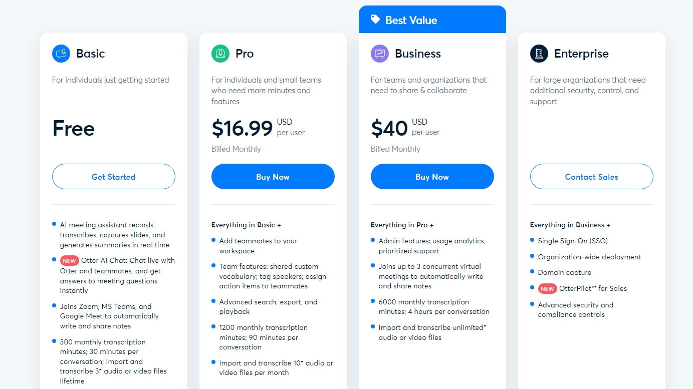 Otter's Pricing Plans Starting From Free and Including Transcription Minutes, Team Members, and Advanced Features