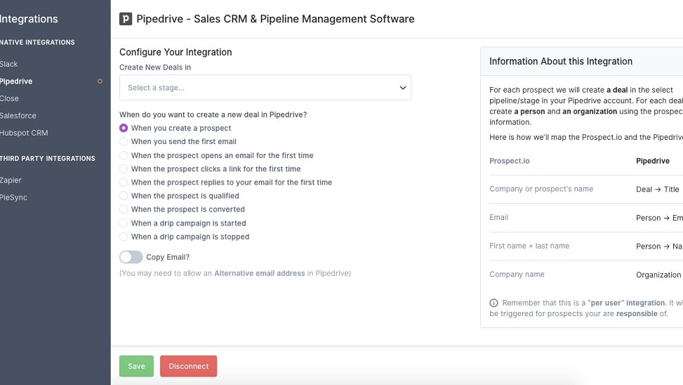 Pipedrive's exceptional feature of crafting tailored pipelines for your sales process and seamlessly incorporating prospects for progress tracking provides it a distinct advantage in efficient prospect management. 