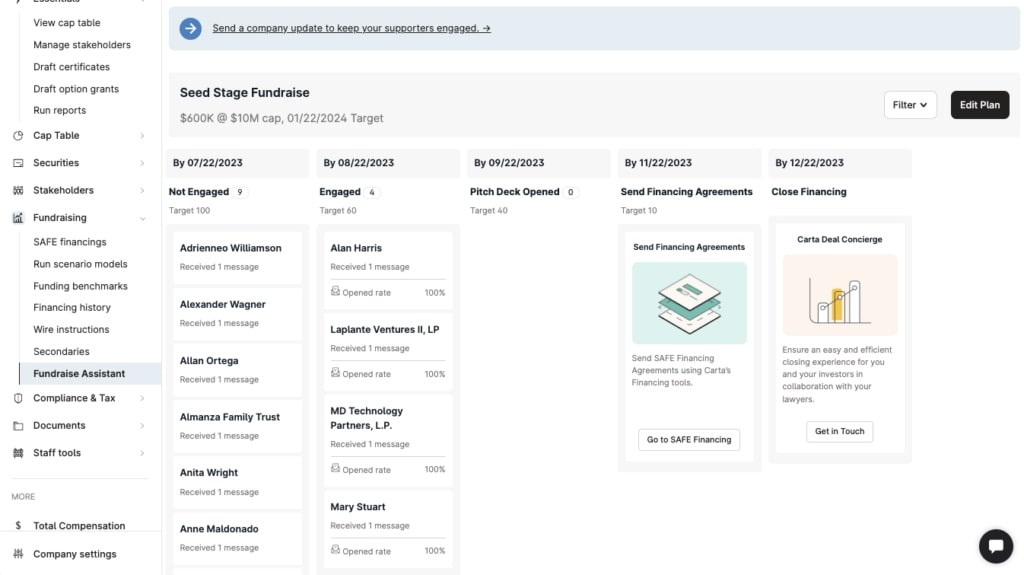Effective communication is pivotal for startup management, and Carta takes the lead by offering a built-in messaging feature.