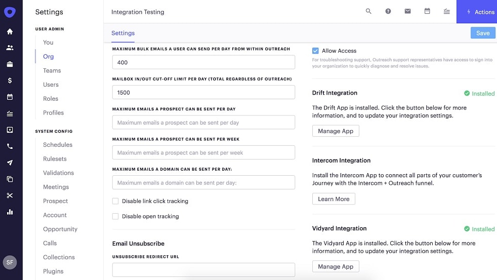 Outreach offers an extensive array of integration options, including with crucial platforms like LinkedIn, Salesforce, Gmail, Office 365, Exchange, Sendgrid, and many more.