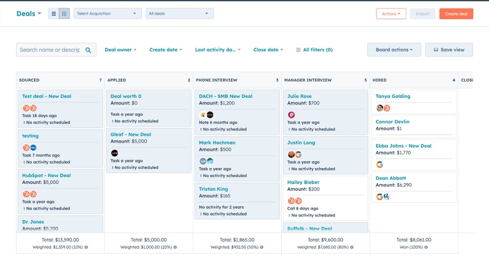 HubSpot boasts an integrated sales pipeline management feature that empowers businesses to efficiently track, manage deals, set crucial milestones, and gain clear visual insights into their entire sales process.