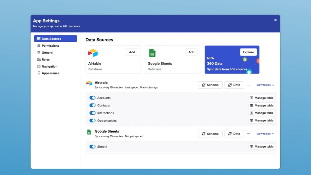 Stacker seamlessly connects with powerful data sources like Google Sheets, Airtable, and SQL databases, allowing users to create dynamic apps directly from existing data platforms.