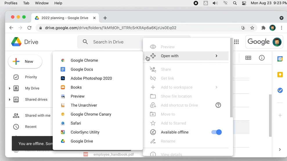 Google Drive enables users to access and edit their files even in the absence of an internet connection, and any modifications made while offline automatically synchronize once the user regains connectivity. 