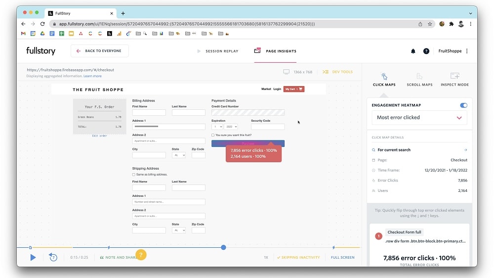 These functionalities set FullStory apart by highlighting instances of rage clicks, where users repetitively click on a specific element in frustration, and error clicks, which indicate technical issues.