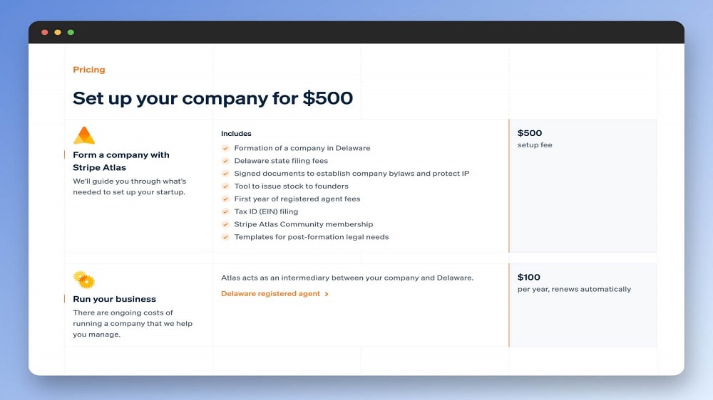 Stripe Atlas stands out for its dedication to simplifying the process of creating an account and handling all associated legal formalities.