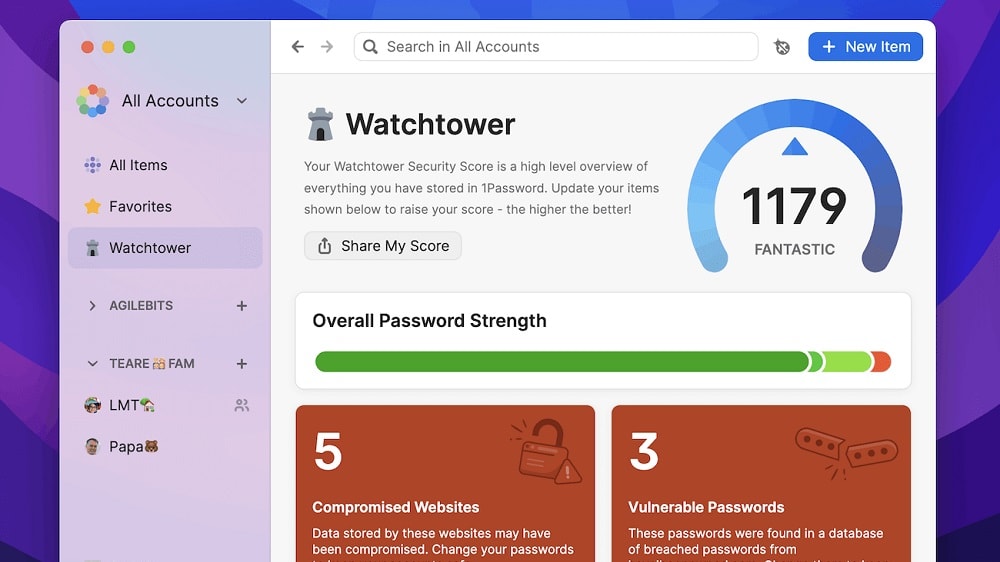 1Password's Watchtower actively monitors the health of your passwords, highlighting weak, reused, or compromised passwords