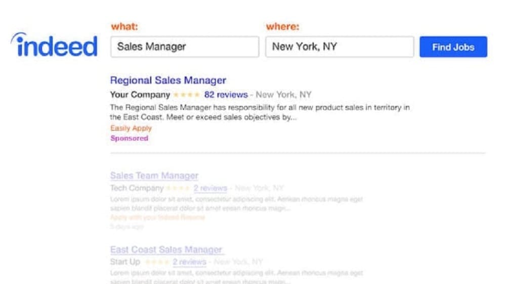Indeed's simplicity shines as it requires only a title, description, and location to launch an ad campaign.