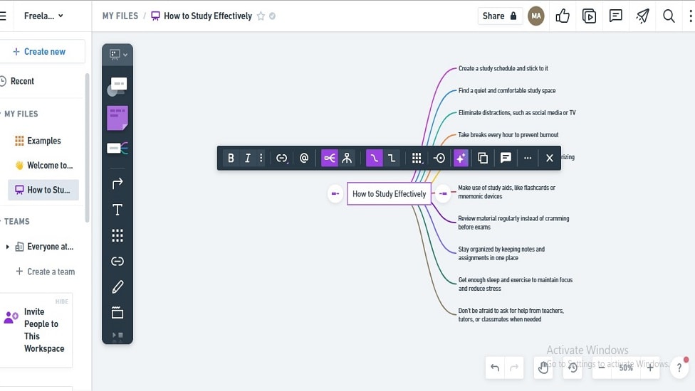 Whimsical's AI analyzes user inputs and provides suggestions to overcome roadblocks during brainstorming sessions, accelerating workflow efficiency. 