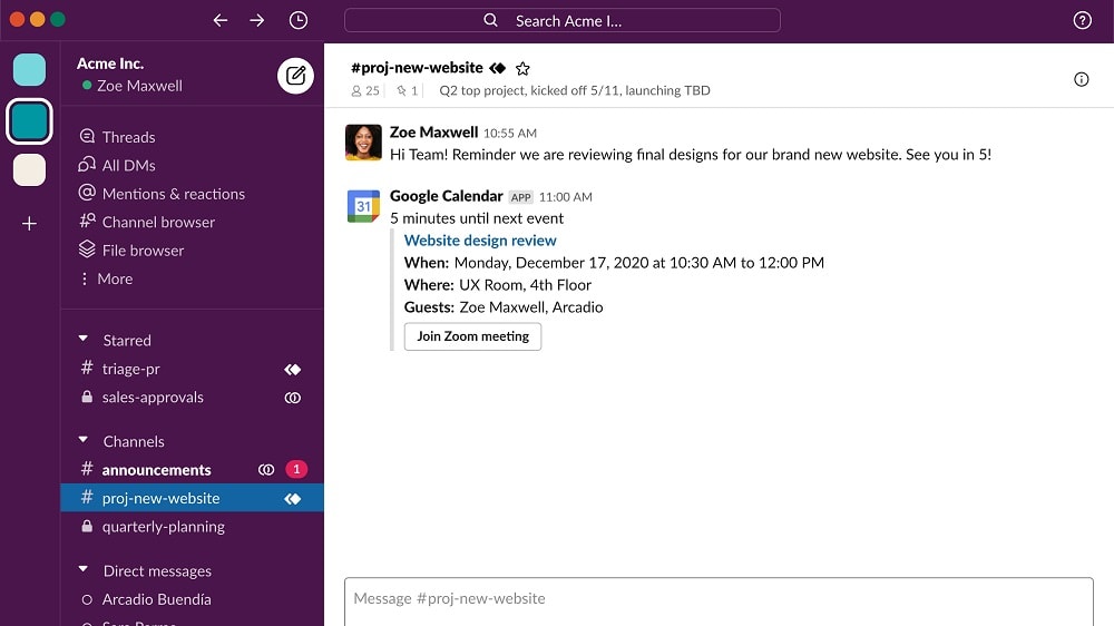 Slack's Channel feature establishes dedicated spaces for specific topics or teams, fostering organized communication and easy information retrieval.