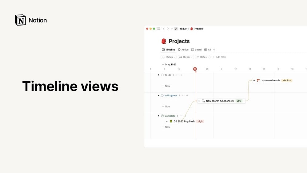 Notion's Timeline view offers an interactive visualization that enhances planning and deadline tracking, providing users with a comprehensive overview of time-bound projects.