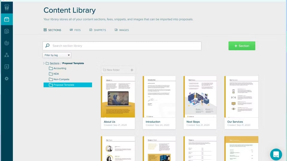 Proposify's Content Library, Showing All the Templates You Can Use For Your Proposals and Agreements