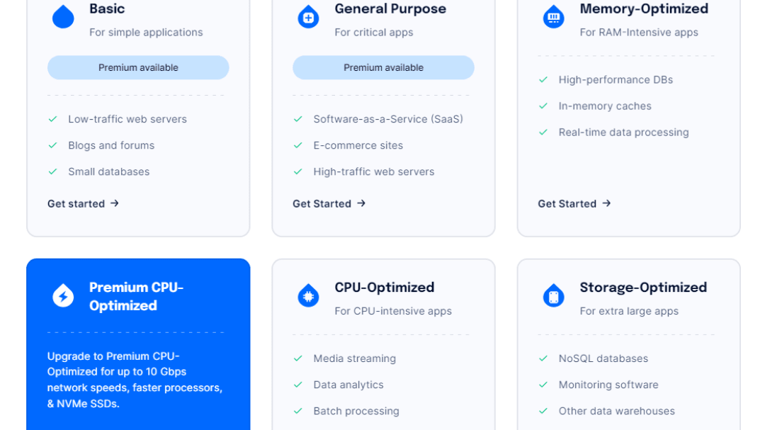 A Selection of DigitalOcean Droplets, From Basic to Storage-Optimized