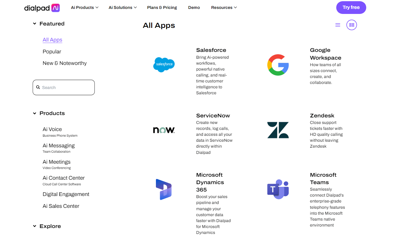 A Selection of Dialpad's Integrations, Including Google Workspace, Zendesk, and the Choice of Different Products like AI Voice and Messaging