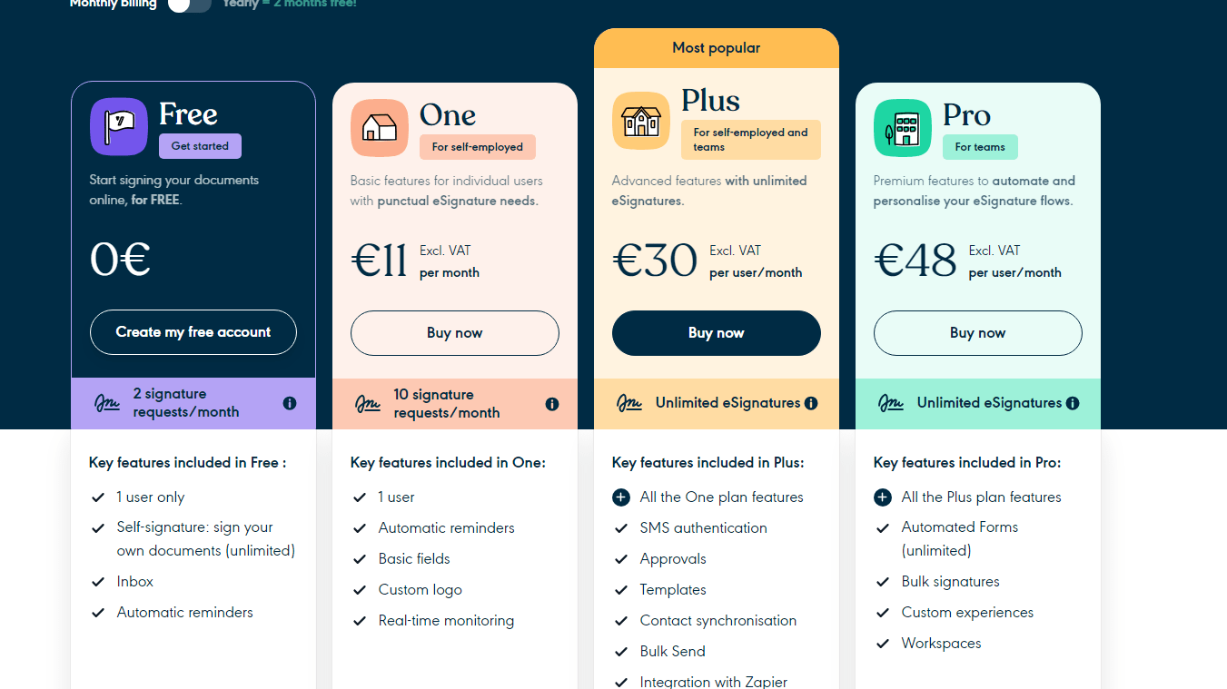 Yousign's Pricing Gives You 4 Different Options for its Application, Starting From Free