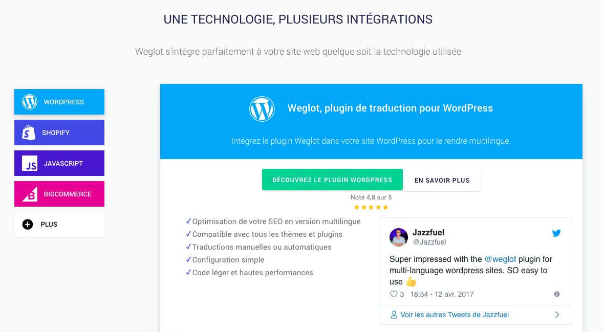 Make your website multilingual Translation API that integrates seamlessly into your website and delivers it in any languages. Weglot is a SaaS tech start-up that turns any website into a multilingual one. Offering a simple and user-friendly interface to let users manage translations. We're building the best multilingual service for web applications owners. With our API-based solution, we make it easier to open websites to the world! Founded in 2016, Weglot is already powering 30,000+ websites around the world.
