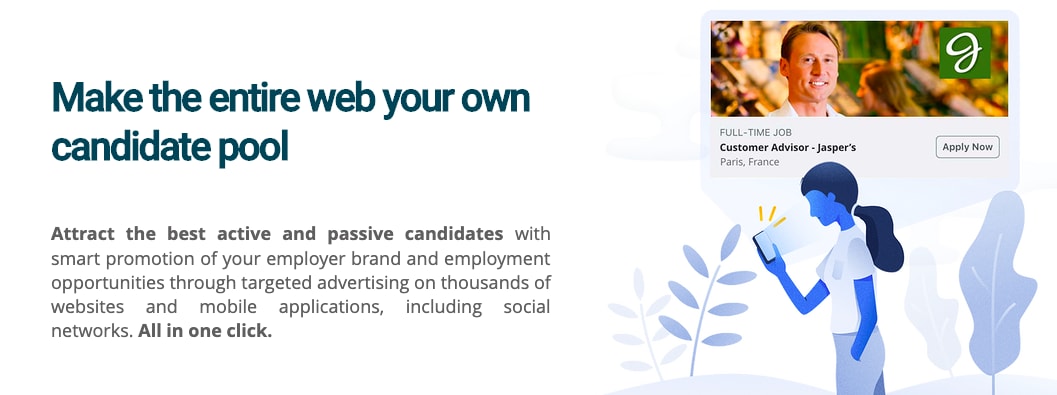 Only 20% of job applicants are actively seeking employment. Attract passive candidates and reach 100% of the labour market.Seeqle's AI targets the right candidates based on their socio-demographic and behavioral data to show them directly your job offers via social networks, Google, Indeed and hundreds of other relevant websites and mobile apps.Seeqle is the first intelligent solution for automating the recruitment, sourcing and acquisition of active and passive candidates via programmatic advertising, in saas mode.