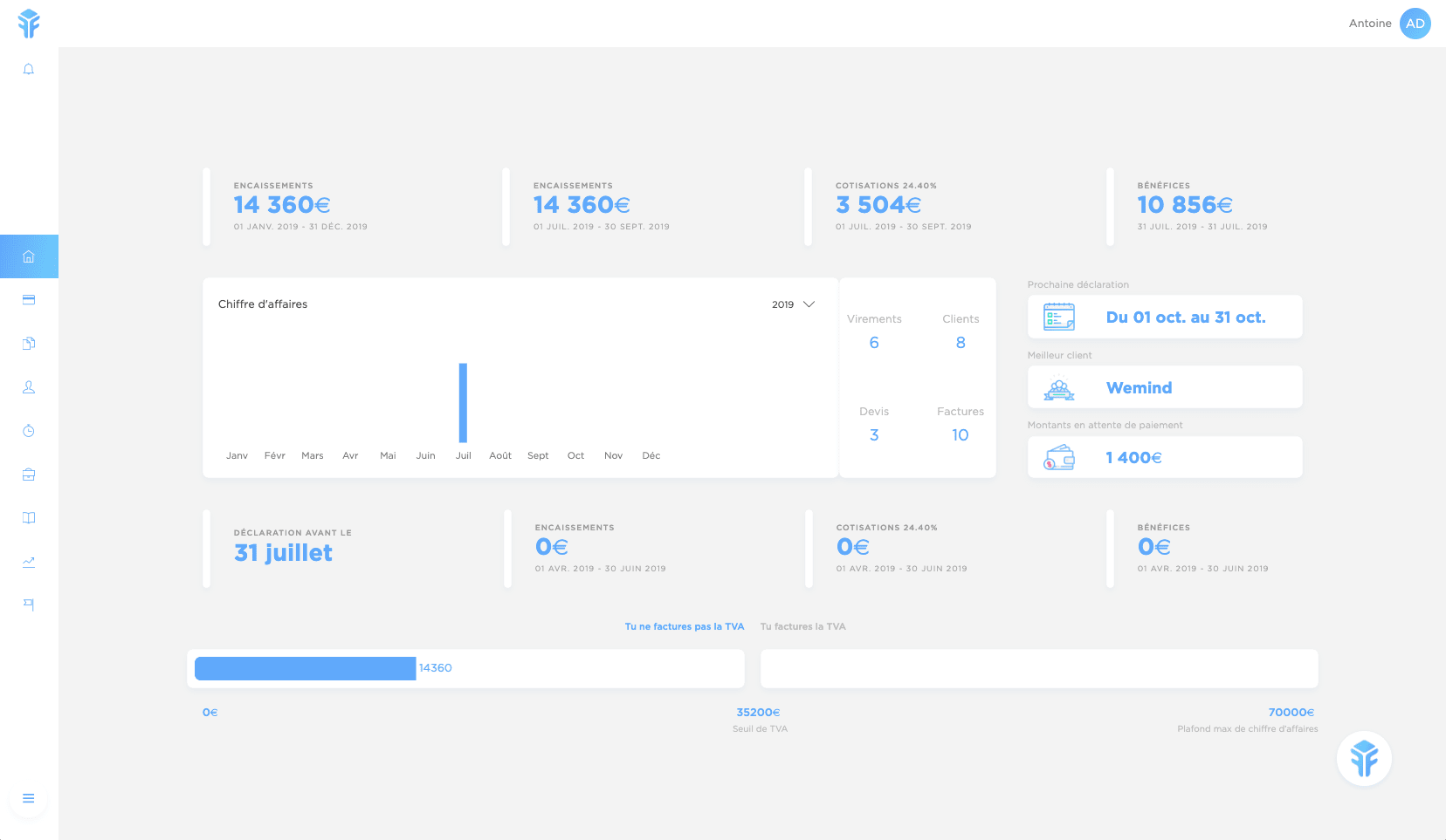 Simple software for freelance auto-entrepreneur and micro-entrepreneur. Simply enter the name of your client, Freebe will collect all legal information. Use the smart editor to create legal documents, send them to your customers and have them validated directly online! Manage the hours spent on your projects to calculate profitability and easily create invoices with all your entries. Get rid of late payments with modern payment methods. If the customer is late, Freebe can take care of relaunching it for you!