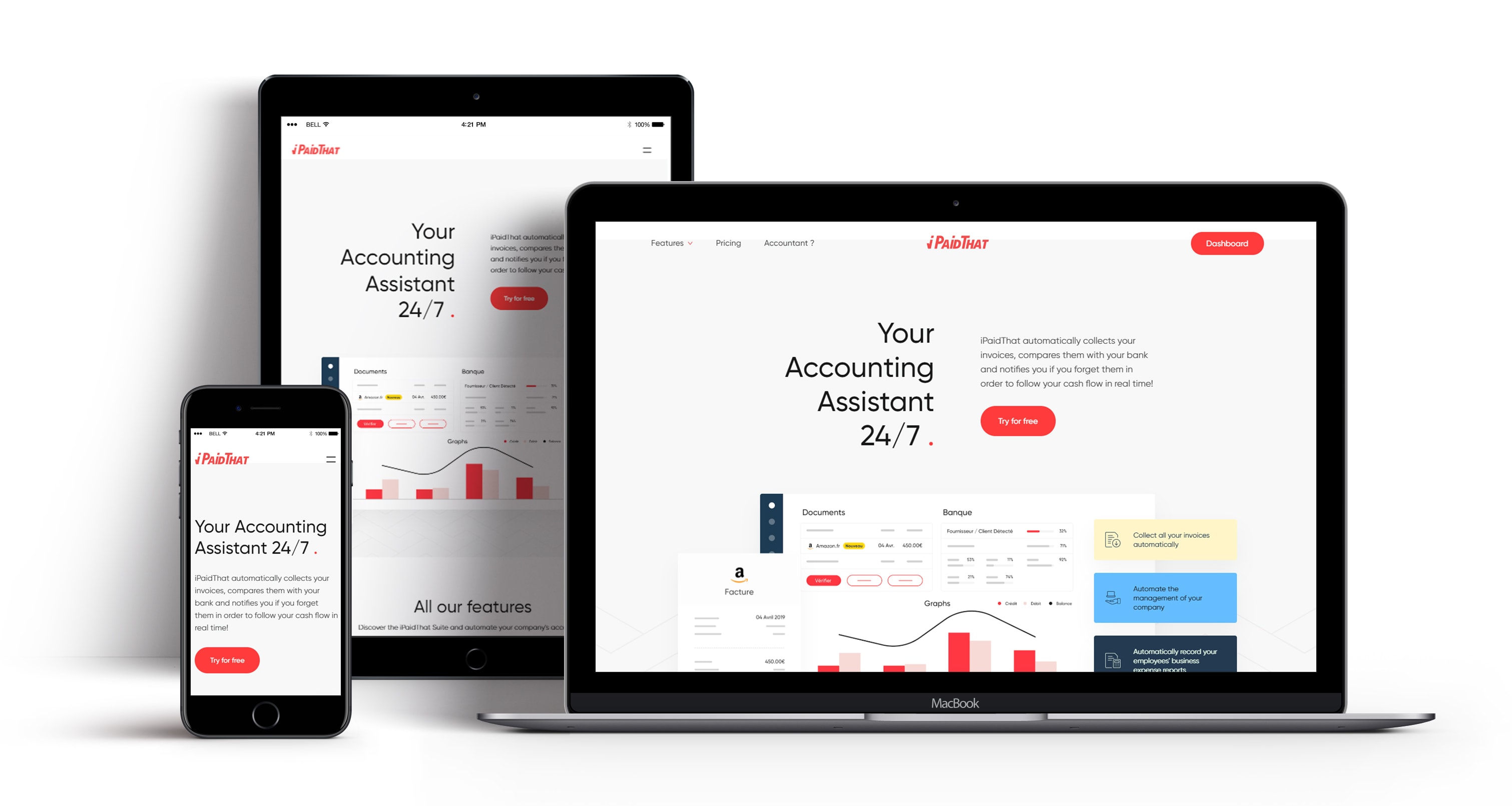 iPaidThat is a SaaS software for startup founders and financial managers. It collects automatically through bots their invoices, scan receipts, issue invoices, manage employee expenses and get an insight of their finance balance. iPaidThat automatically classifies all your invoices from: your professional mailboxes, your customer areas (Adobe, Free, Amazon etc ...), your desktop scanner, your collaborative platforms (Slack ...). When traveling, add your receipts by taking a simple photo with our mobile application. Manage your expense reports and reimbursements for your employees and associates. iPaidThat compares the imported invoices with your bank statements and informs you in case of a missing invoice. Classify your transactions by suppliers, customers and by categories. Track your charges and income thanks to our reports: collected and deductible VAT, cash, accounting flow report ... iPaidThat offers an invoice editor that allows you to personalize your sales documents (quotes, credit notes, invoices ...) image of your business. Everything is automated to simplify your internal management: automatic calculation of amounts and VAT, addition of mandatory information, monitoring of arrears