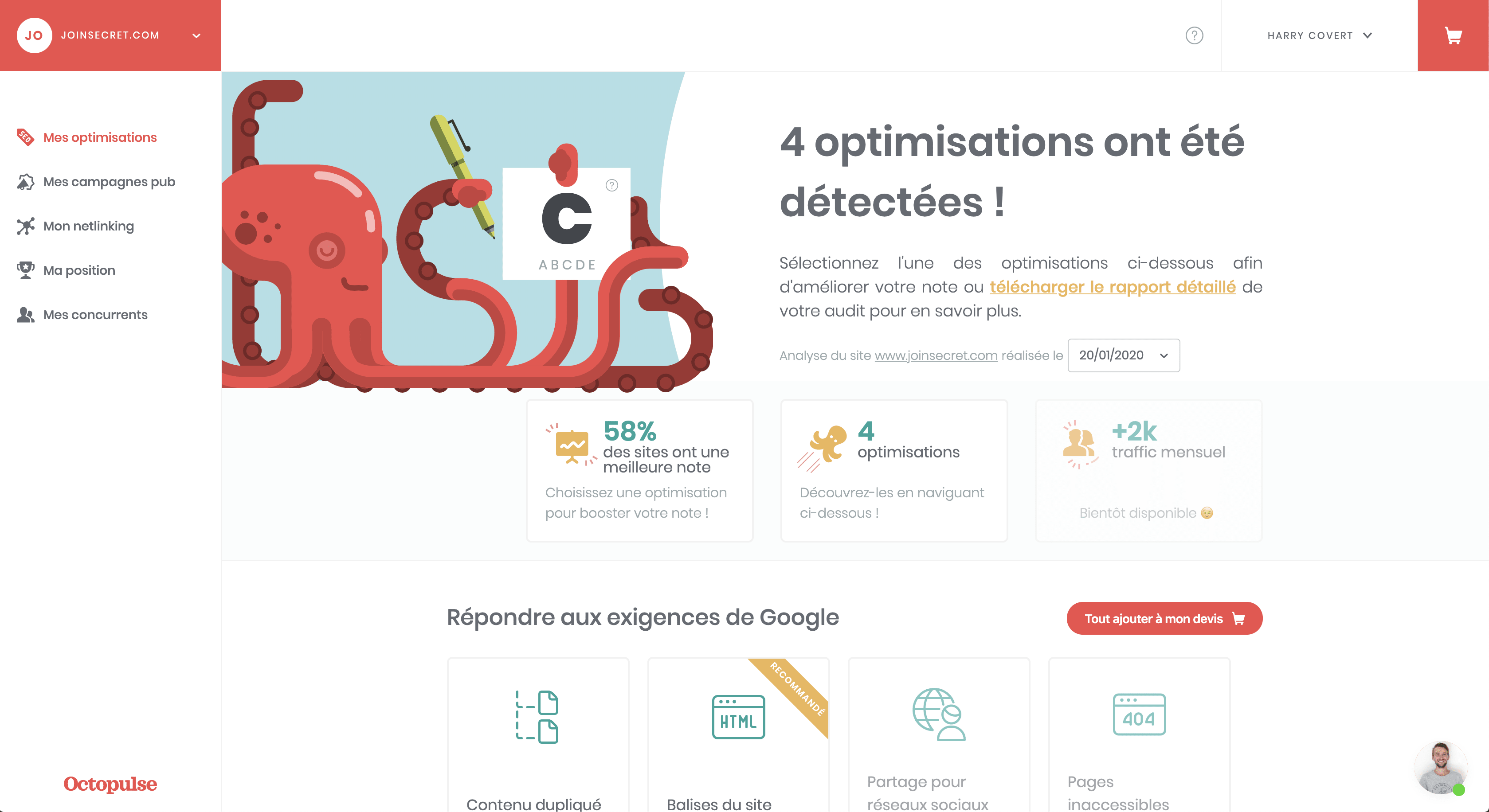 Take advantage of a simple tool and certified experts to improve your position on Google and increase your traffic. At Octopulse, we have developed a solution that can meet a critical need for a website: its traffic! Knowing that the first page of Google results represents 92% of traffic, a good positioning on search engines is the key to the visibility of your site. On the Octopulse app, you will find everything you need to improve your positioning easily. A free diagnosis to determine the natural referencing improvements (SEO) necessary for your site to be better understood by search engines. Track your position on 100 keywords to prioritize to be present on a larger search volume. Management of advertising campaigns to immediately boost your traffic with qualified prospects.