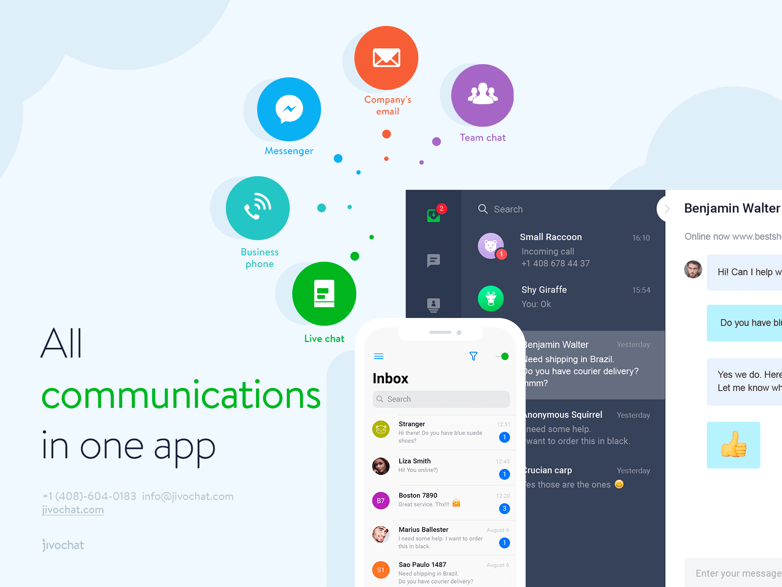 JivoChat covers all the communication you have in your business: Sales channels, Customer support and Team chats. Unlike other live chat apps on the Market, Jivo is omnichannel. Well, what does that mean? It means live chats on your website, chat support to clients on Facebook, messages to your company’s email address, and calls to a phone number in any country – all go to one convenient JivoChat app. Every month, JivoChat empowers 280k websites and 60k Facebook pages around the world to engage in over 12 million live chats.