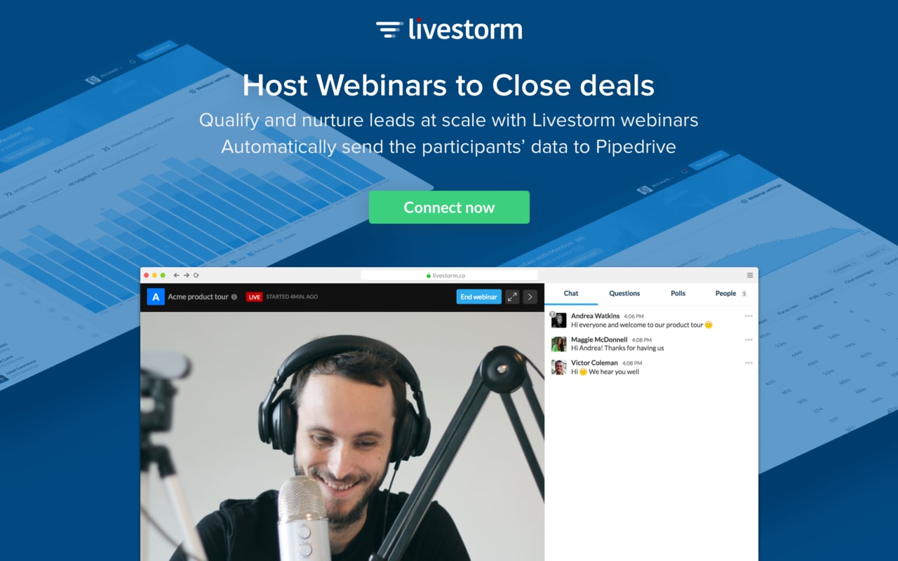 Build strong relationships with your audience through webinars and video meetings. At Livestorm we help companies get the most of their webinars. Our mission is to make your webinars simpler and more efficient. Livestorm is a webinar tool that functions 100% in your browser, and, besides the basic webinar requirements, we provide: advanced post-webinar analytics tools, audience segmentation capabilities, lead management system, native integrations with CRMs and marketing tools. At Livestorm, we strive to build the best experience possible for our users. We focus on design, high disponibility, and technical capabilities so that you only have to focus on doing great webinars for your company. We provide smarter webinars, you get better leads.