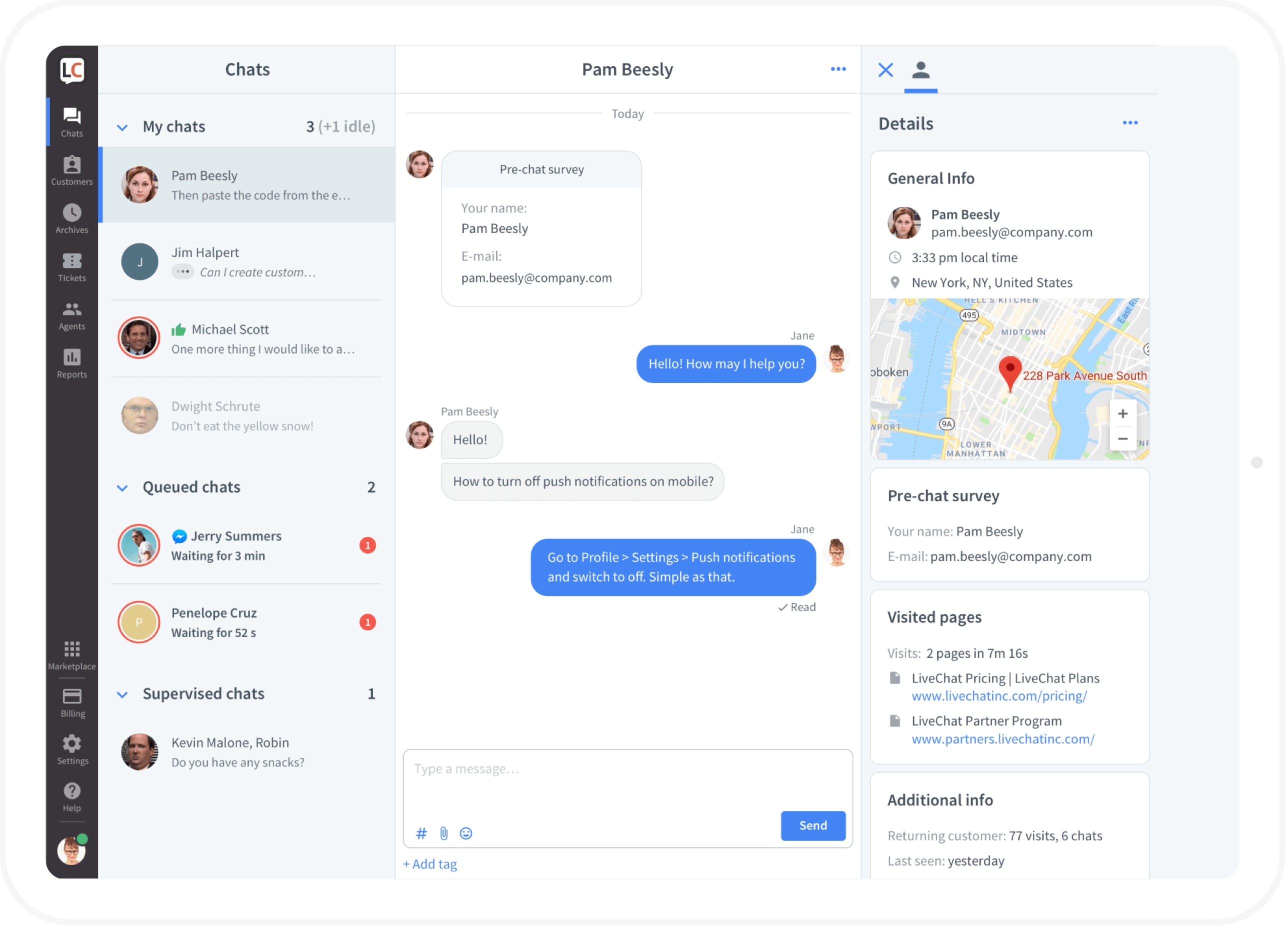 We make a beautiful and simple tool for real-time customer service and online sales. LiveChat web-based, desktop and mobile apps will always keep you in touch with your website visitors. Build trusting relationships with your online visitors. Identify, reach and engage with best prospects on your website and get in touch with them instantly. Help your online visitors in making purchasing decisions and close more deals. LiveChat is a real-time, live-chat software tool for ecommerce sales and support that is helping ecommerce companies create a new sales channel. We serve more than 27,000 businesses in over 150 countries, including large brands like Adobe, Asus, LG, Acer, Better Business Bureau or Air Asia and startups like SproutSocial, Animoto or HasOffers. LiveChat starts at $16 per seat/month, with additional discounts available for upfront payments. LiveChat mobile applications, including iPad, iPhone and Android apps, are free for active LiveChat customers.